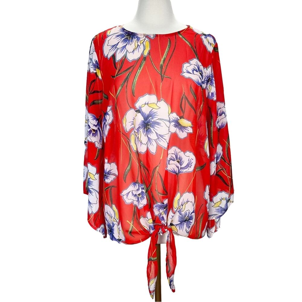 COCOMO | Red Kimono Sleeve Floral Front Tie Sheer‎ Plus Size Blouse | Top